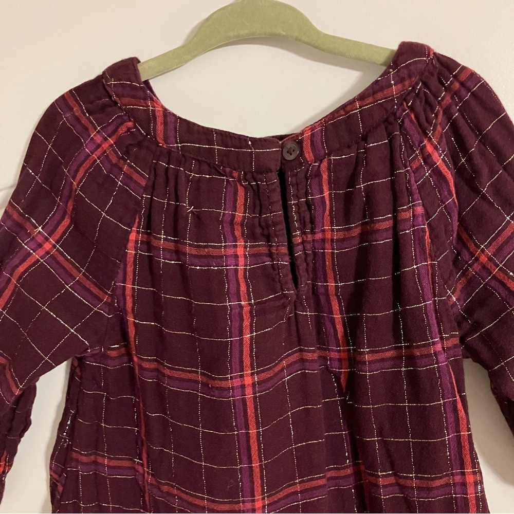 Old Navy Girl’s Sz 4T Burgundy & Gold Metallic-Plaid Swing Dress 3/4 Sleeves - Picture 5 of 7